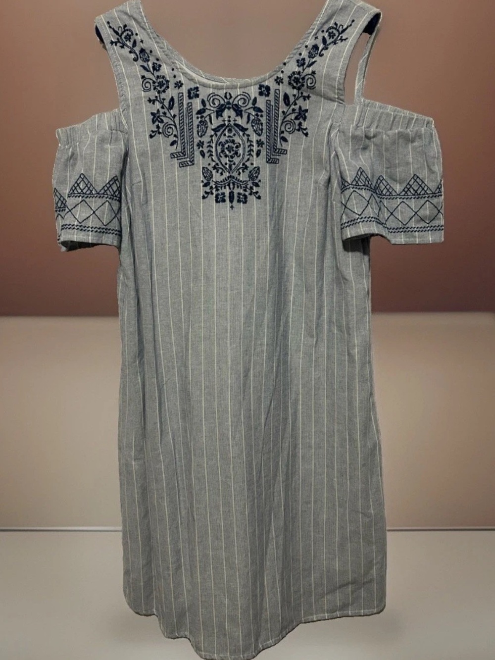 Knox Rose Dress M Blue Stripe Embroidered Cold Shoulder Boho Cotton Lined Sheath